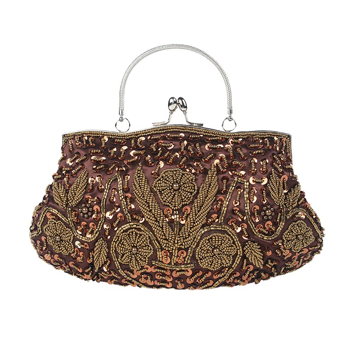 Jormftte virágmintás, gyöngyös díszítésű estélyi táska, 29x4x26cm, barna