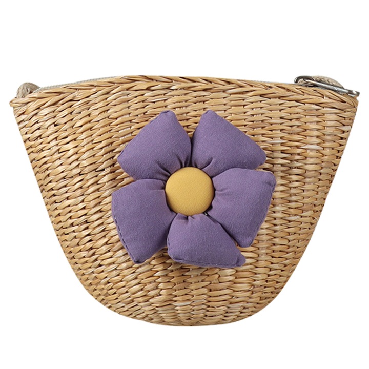 Jormftte lány táska, természetes szalmából, virágmintás, natúr/lila