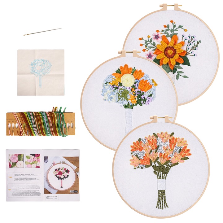 Set kit de broderie, 3 modele, BGHYHYHI, floral, 3 fire, 6 ace, 1 cerc