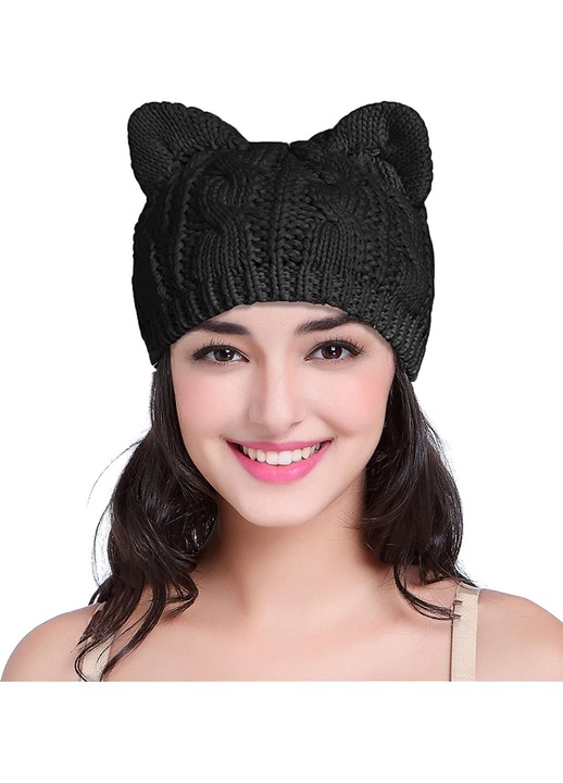 Caciula tricotata cu urechi de pisica, BGHYHYHI, Bumbac, negru, 56 cm