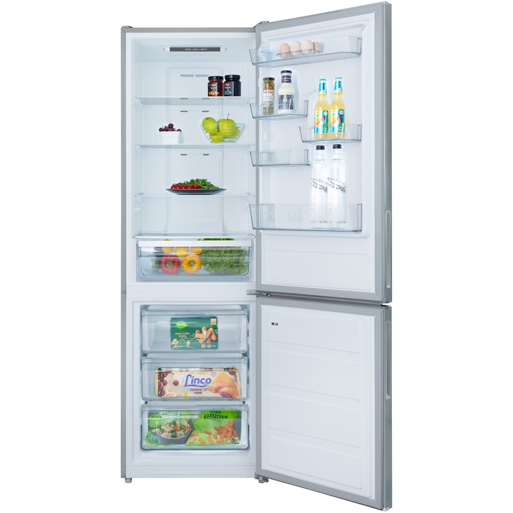 Combina frigorifica Daewoo DNF-310MEX-1, 310 l, Total No Frost, Control electronic, Iluminare LED, Clasa E, Inox