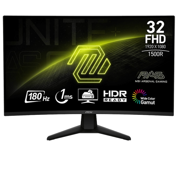 MSI MAG 32C6 VA LED Ívelt gaming monitor, 31.5", Full HD (1920x1080), 180Hz, 1ms, Adaptive-Sync, 1500R, 2x HDMI, Display Port, Jack, Fekete
