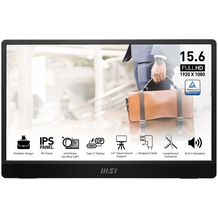 MSI PRO MP161 IPS LED monitor, 15.6", Full HD (1920x1080), 60Hz, 4ms, Tükröződésmentes, Hangszórók 1.5W x2, 2x USB Type-C, miniHDMI, Pivot, Fekete
