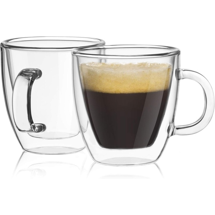Cani espresso din sticla borosilicata rezistenta la caldura si condensare, Enforose, design curbat unic, set de 2 bucati