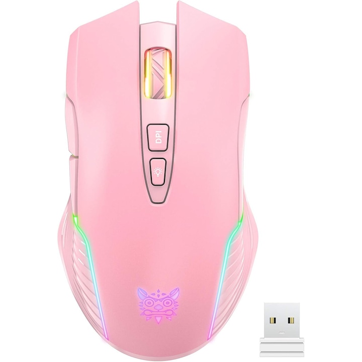 Mouse pentru jocuri fara fir RGB, 5 DPI reglabile, ergonomic, roz