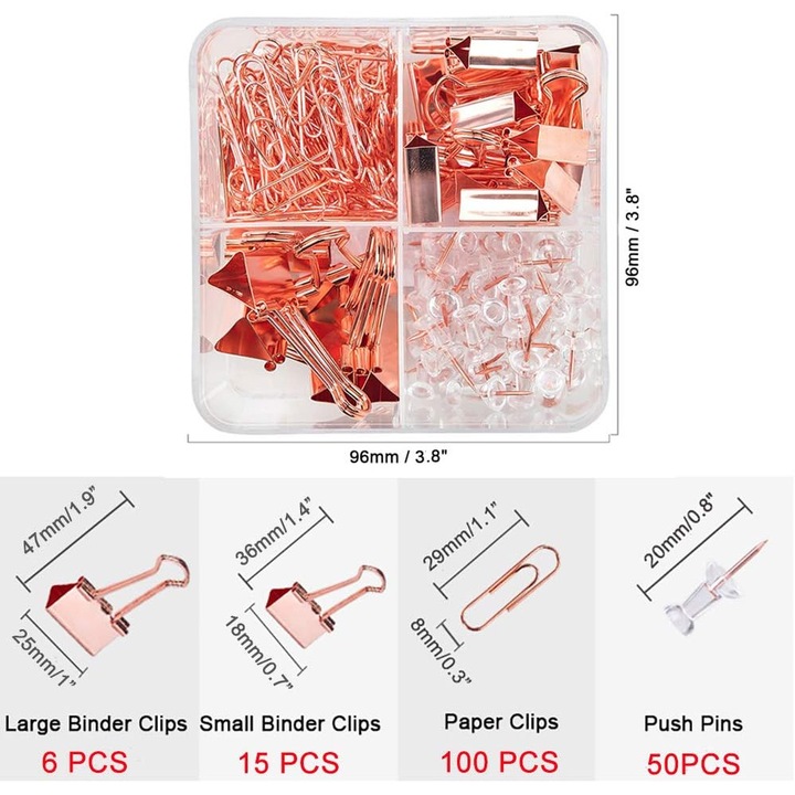 Set clipsuri, pioneze si agrafe, 6 mari, 15 mici, multicolor, cutie acrilica reutilizabila