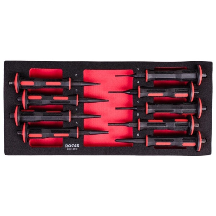 Set unelte Rooks, 9 piese, din otel crom-vanadiu, manere ergonomice, dimensiune 1/3 din sertar