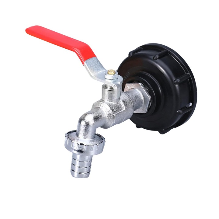 Robinet pentru rezervor de 1000L cu adaptor pentru furtun de udare, longziming, 3/4" GHT, rezistent la coroziune
