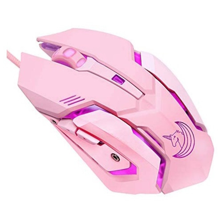 Longziming gamer egér, 4 állítható DPI, rózsaszín LED világítás, ergonomikus, fehér