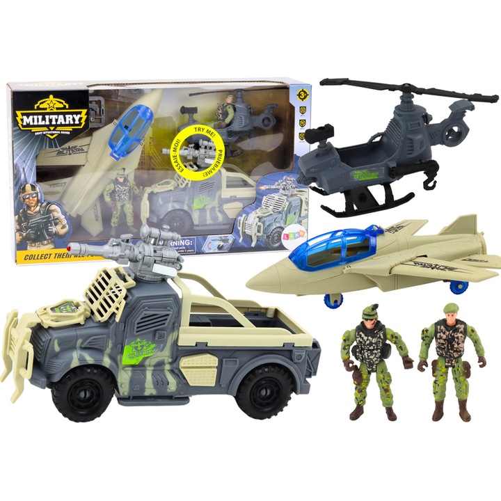 Комплект военни фигурки, LEAN TOYS, хеликоптер, кола, боен самолет, войници, 43x24.5x10.5cm