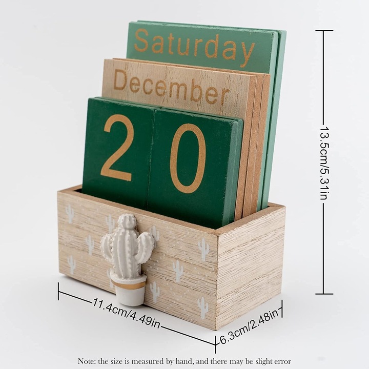 Calendar perpetuu lemn vintage verde 12 luni 15x10x5cm