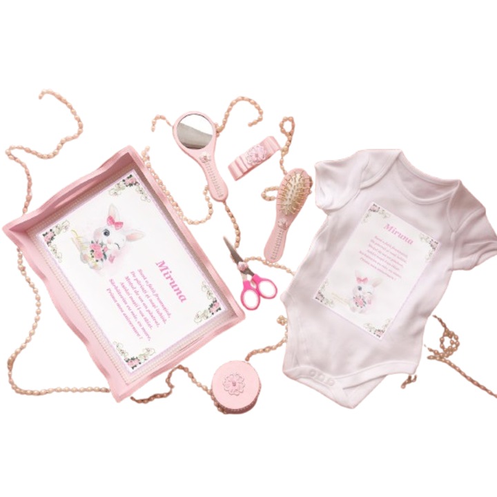 Keresztelő szett, rózsaszín tálca és body, nyúl mintás