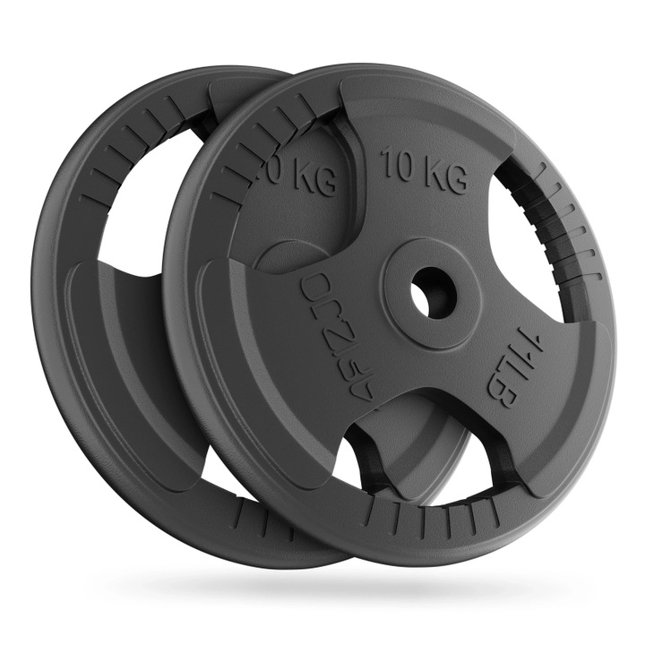 Disc cu prindere 2 x 10 kg, din fonta, 4FIZJO, rezistenta ridicata a materialului, design de inalta calitate, diametrul gaurii 2.6 cm, diametrul discului 30.5 cm, grosimea 3 cm, Negru