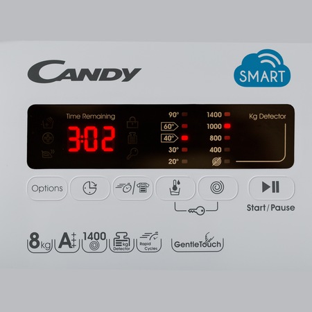 Masina de spalat rufe cu incarcare verticala Slim Candy CST G384D-S, 8 kg, 1400 rpm, Clasa F, Display 2D, Functii Smart, NFC, Voice Control, Alb