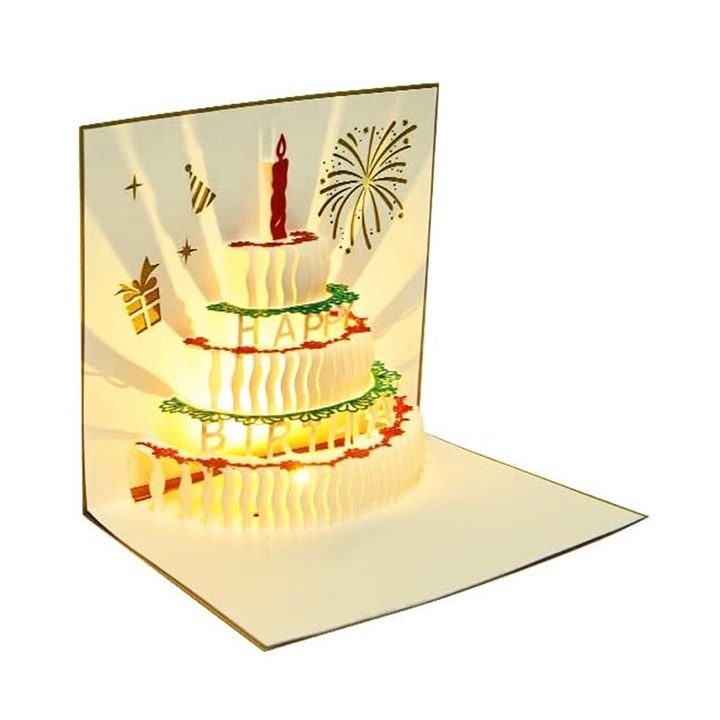 3D Pop Up kártya, hosszú cipzárral, zenével és fényekkel, torta design, 15,5x13 cm, születésnapra