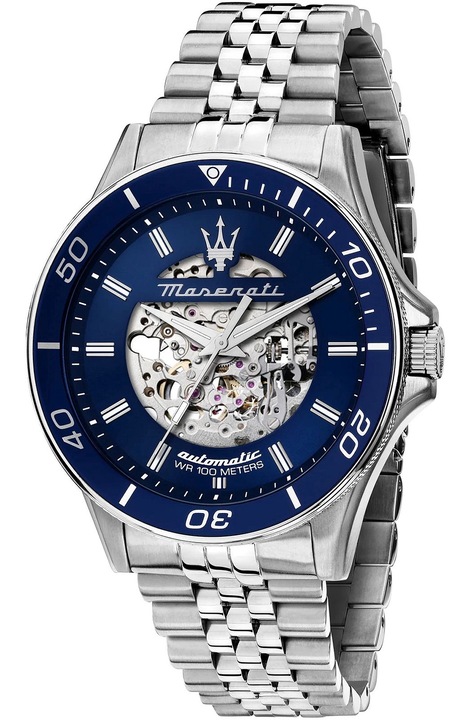 Ceas Maserati Sfida Skeleton Automatic, mecanism Miyota 8N24, argint, 10 ATM, 42h rezerva, 21 pietre