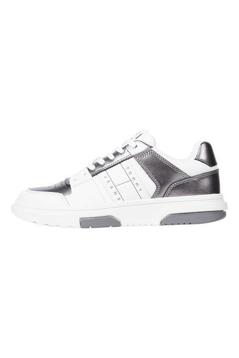 Tommy Jeans, Pantofi sport de piele cu segmente cu aspect metalizat, Alb/Argintiu