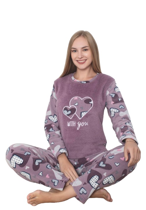 Дамска пухкава пижама Cocolino, мека и топла, UraMag, сърца, лилава, 2XL