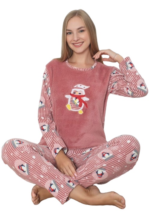 Cocolino női bolyhos pizsama, puha és meleg, UraMag, pingvin, narancs, L