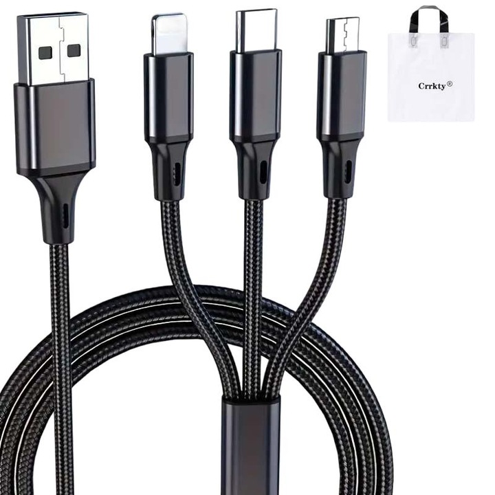 Crrkty 3 az 1-ben töltőkábel, USB 3.0, 1,2 m, Lightning/C típusú/Micro USB, fekete