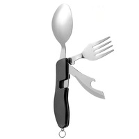 Set tacamuri camping pliabile 4 in 1, Axroad Mall, Detasabil si pliabil, Lingura, furculita, cutit, deschizator de sticle, Pentru rucsac, drumetii, pescuit, picnic, gratar si calatorii, Inox/Aluminiu, Negru