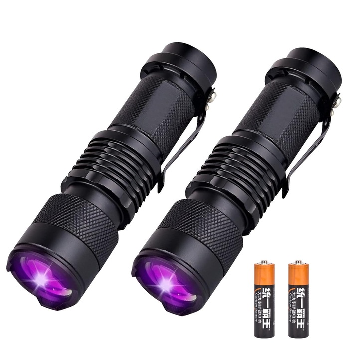 Комплект от 2 фенерчета 395nm, мощни, UV, SINBINTA, с две AA батерии, за тестване на урина, идентификация на автентични валути, продукти против фалшифициране, водоустойчив, алуминиева сплав, 10 см, черен