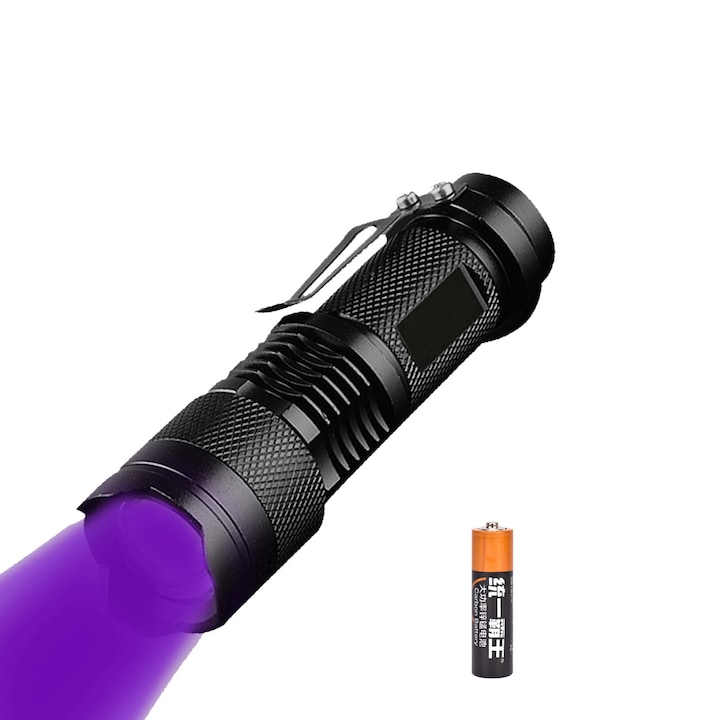 Мощен UV фенер 395nm, SINBINTA, с две AA батерии, за тестване на урина, идентификация на автентични валути, продукти против фалшифициране, водоустойчив, лесен за употреба, алуминиева сплав, 10 см, гланцово черен