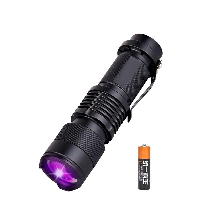 Мощен 365nm UV фенер, SINBINTA, С две AA батерии, За продукти за грижа за кожата, бебешки продукти, откриване на петна, Водоустойчив, Лесен за употреба, Алуминиева сплав, 10 см, Гланцово черен