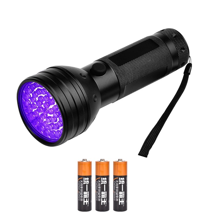UV фенерче, SINBINTA, 395nm, 51 LED, с три AA батерии, за тестване на урина, идентификация на автентични монети, намиране на скорпиони и насекоми в градината, водоустойчиво, лесно за употреба, алуминиева сплав, 14.5x5.6 см, черно