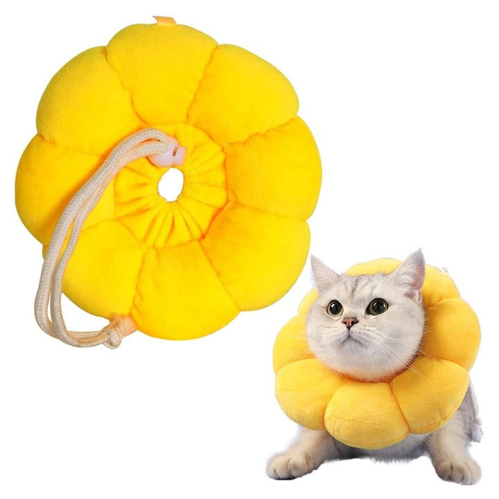 Guler recuperare pentru pisici, SINBINTA, L, Diametru 26 cm, Circumscriptia capului 15-32cm, Cu sfoara, Reglabil, Floarea soarelui, Moale, Respirabil, Pentru a impiedica animalele de companie sa linga ranile, Bumbac, Galben