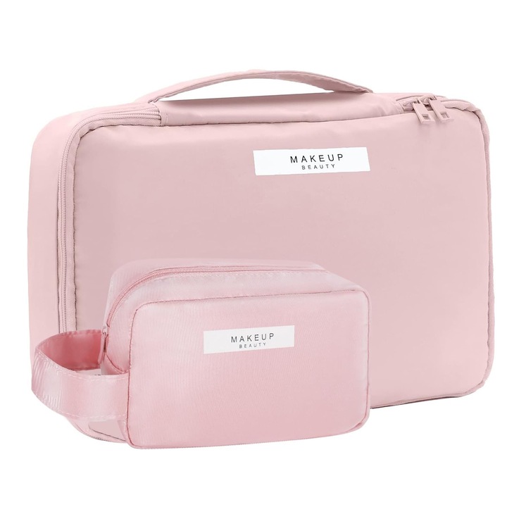 Set voiaj, Axroad Mall, Geanta Cosmetice si Portfard, Impermeabil, Captuseala din PU, Design cu fermoar, Usor de curatat, Multifunctional, marimi diferite, compartimente, elegant, Poliester, 24x7.5x16cm, Roz