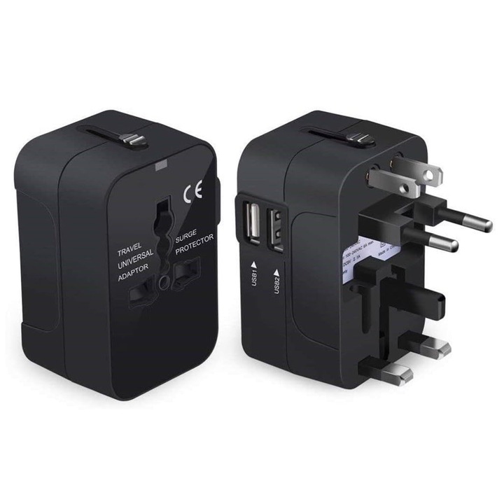 Adaptor universal priza, Axroad Mall, Compatibil cu Europa/SUA/UK/Australia, 2 porturi USB, Indicator luminos LED, Sigur si durabil, Portabil, Pentru calatorii, birou, acasa, scoala, PC+ABS, Negru