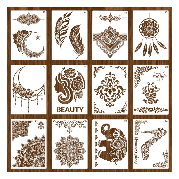 12 db dekoratív sablon készlet, Axroad Mall, Retro stílusú, tartós, rugalmas, mosható és újrafelhasználható, Dizájnválaszték, barkácsoláshoz és művészeti projektekhez, PET, 29x21 cm