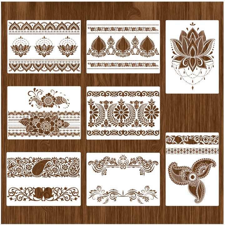 Set 8 sabloane decorative, Axroad Mall, Stilul retro, durabil, flexibil, lavabil si reutilizabil, Varietate de design, pentru mestesuguri si proiecte de arta DIY, PET, 29x20cm, Alb