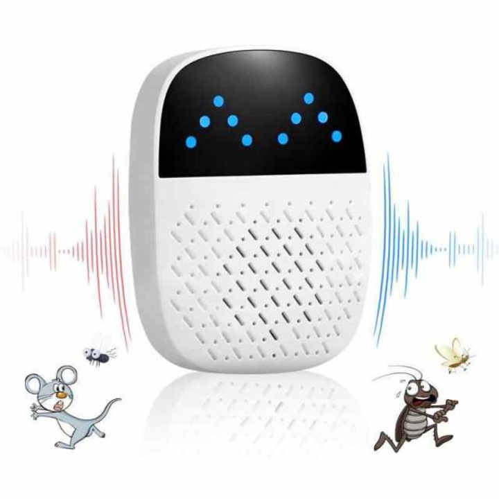 Ултразвуков уред за борба с вредителите, OEMG®, с акустичен резонанс срещу гризачи, срещу плъхове, срещу хлебарки и други насекоми, за пространства до 120MP, Честота 50KHz / 60KHz, Безопасен за хора и домашни любимци, Бял