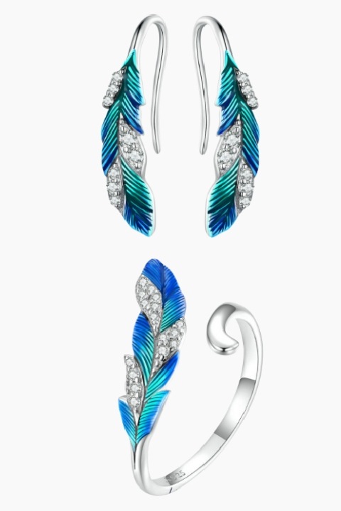 Set de Bijuterii din Motiv de Pene, OEMG®, Include cercei, inel, Albastru/Argint