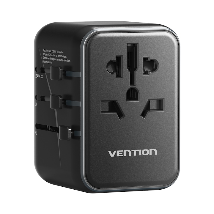 VENTION Travel Plug Универсален адаптер за зарядно устройство 2 x USB 1 x Type-C за САЩ, Великобритания, ЕС, Австралия, Азия, 20W/18W/18W, черен