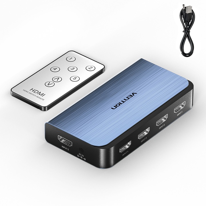 HDMI 2.0 превключвател, VENTION, 5 In 1 Out с дистанционно управление, 4K, HDCP 2.2, син