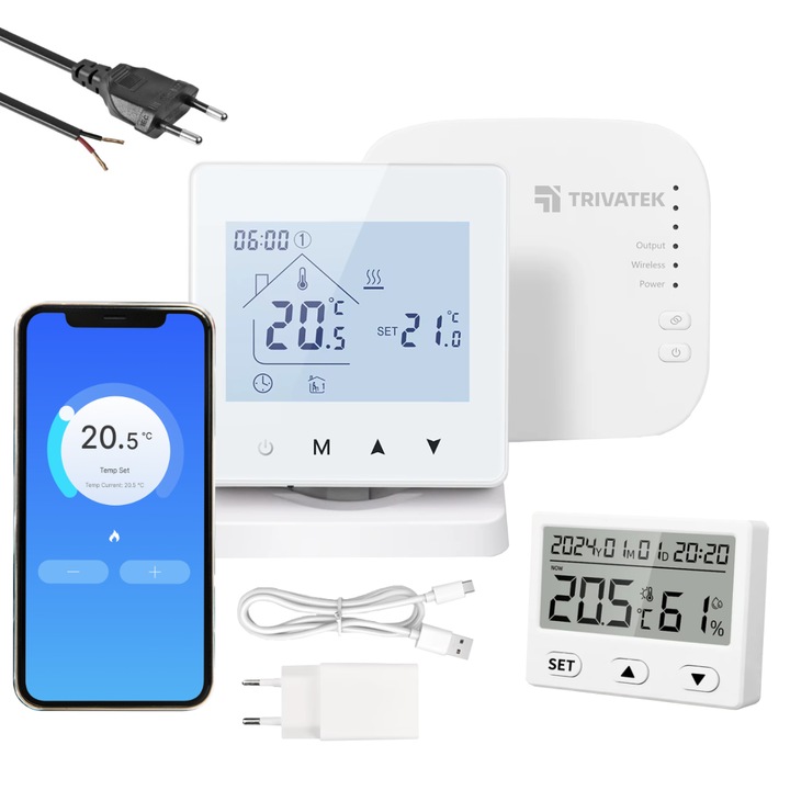 TRIVATEK™️ Intelligens környezeti termosztát, WiFi, alkalmazásvezérlés, kompatibilis a Google / Alexa rendszerrel, hangvezérlés, kompatibilis gázzal / elektromos központi fűtéssel