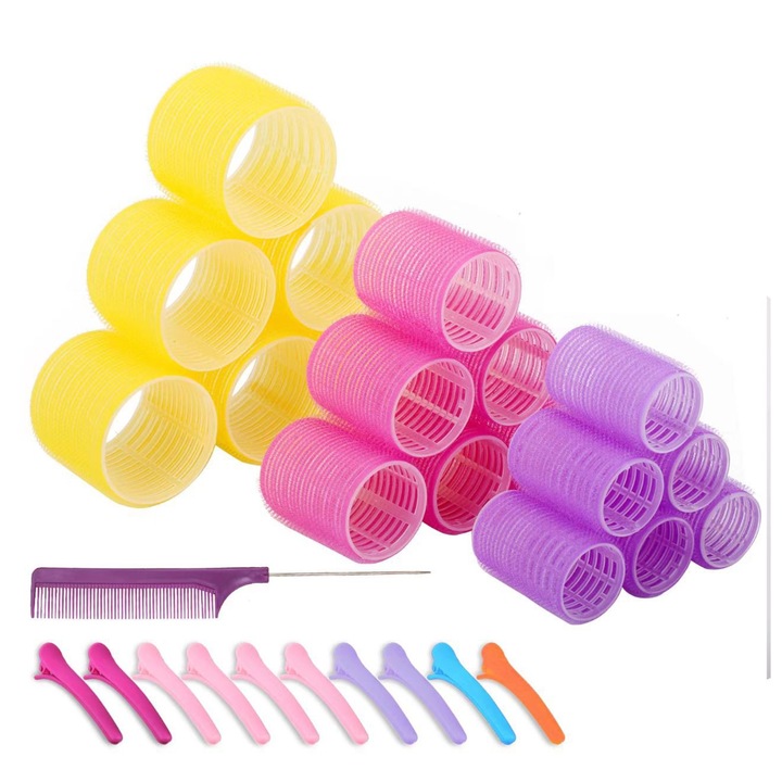 Set 18 Bigudiuri profesionale de par cu arici pentru volum indelungat si bucle rezistente, Axroad Mall, Coafura perfecta, 3 marimi diferite(60/45/36mm), 10 agrafe de par, 1 Piepteni, Plastic/Rasina, Multicolor