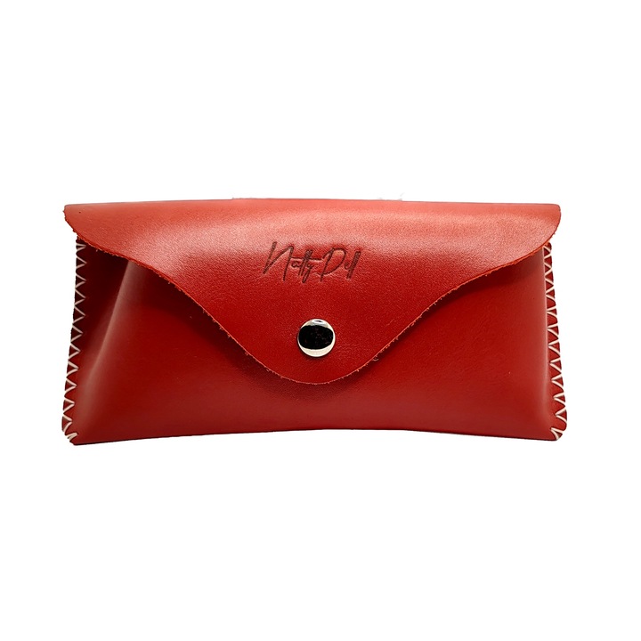 Etui ochelari de soare sau vedere, cu magnet din piele naturala, Rosu cu ata alba