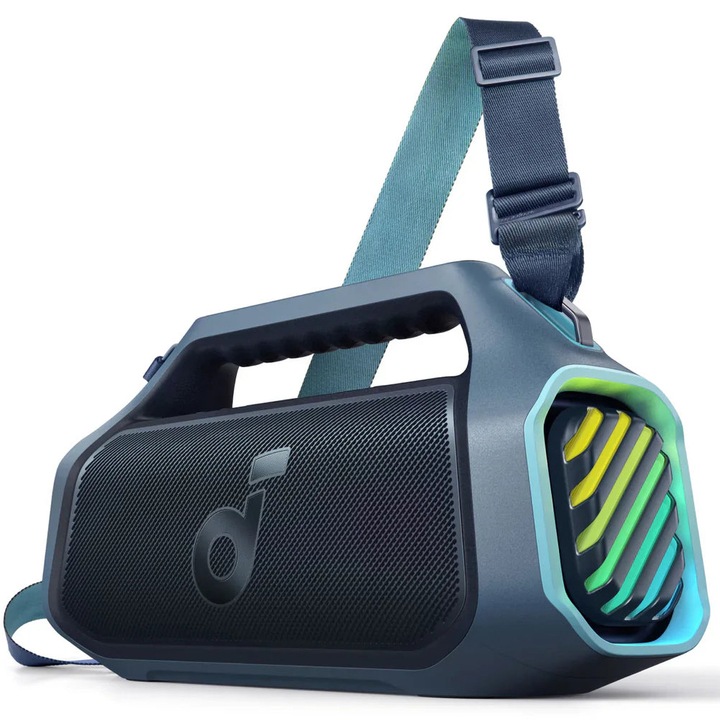 Преносима тонколона Anker Soundcore Boom 2 Plus, 140W, Bluetooth 5.3, BassUp 2.0, IPX7, RGB светлини, Външна батерия, Син