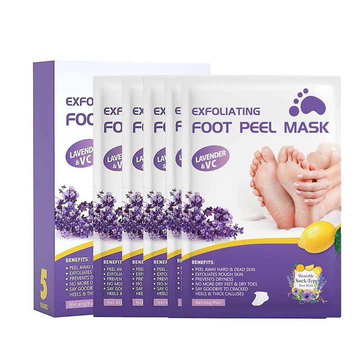 Set 5 perechi de masti exfoliante pentru picioare tip soseta, SINBINTA, Ingrijirea eficienta a picioarelor, Elimina pielea moarta si hidrateaza, combat problemele calcaielor crapate si uscate