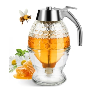 Dozator pentru miere, SINBINTA, Economie de spatiu si usor de curatat, Pentru depozitarea si distribuirea mierii in bucataria de acasa, 200 ml, 15 x 10 x 8 cm, Transparent/Arginitiu