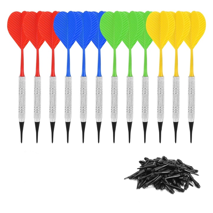 Set 12 sageti darts, SINBINTA, Cu 100 de varfuri de sageti, Pentru incepatori, adulti pentru camera de jocuri de acasa, bar, Filet 2BA, Plastic si metal, Multicolor