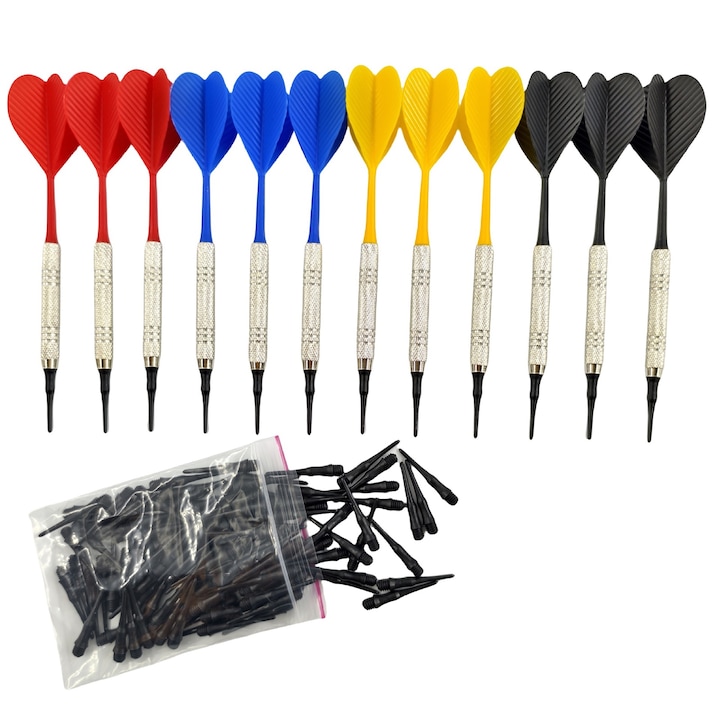 12 db-os darts készlet, SIBINTA, 100 db darts hegyekkel, Kezdőknek, felnőtteknek otthoni játékterembe, rúd, 2BA szál, Műanyag és fém, Kék/Piros/Sárga/Fekete