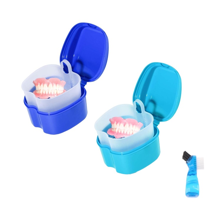 2 db műfogsor tároló doboz készlet, SINBINTA, 1 db fogsortisztító kefével, Erős és tartós, Kosár kialakítás tálcával, Könnyen használható és tisztítható, Családi, utazási, üzleti útra, kempingezésre, PP, 9x9x4,5 cm, Többszínű