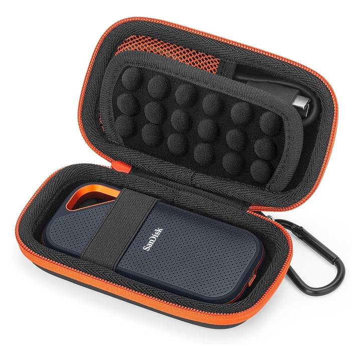 Калъф за транспортиране на твърд диск, SINBINTA, С цип, Съвместим с HDD/SSD, Водо- и прахоустойчив, Ефективна защита на 360 градуса срещу падане, Лек и удобен, За пътуване и катерене, EVA, 14x8x5cm, Черен