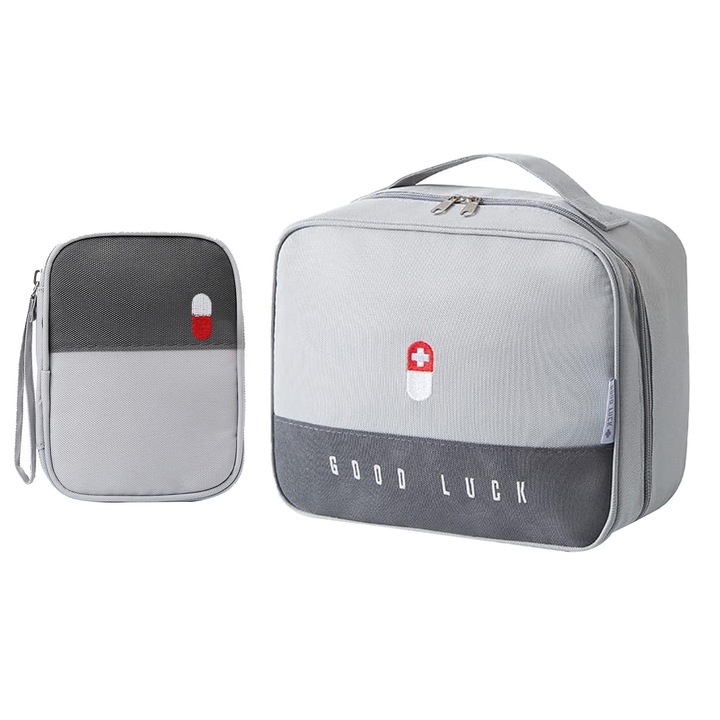 Set Trusa medicala, SINBINTA, Cu sac de prim ajutor si husa, Design stratificat, Maner convenabil, Rezistent la uzura si la indoire, Pentru calatorii cu masina, scoli, gradinite, sport si camping, Tesatura Oxford, 24x11x19cm/12x15x3cm, Gri