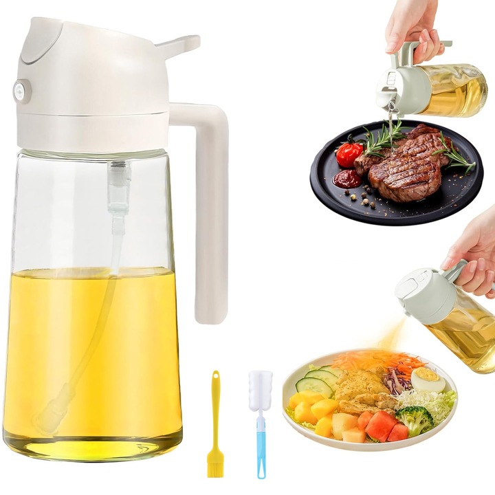 Flacon dozator de ulei de masline pentru bucatarie, SINBINTA, 2 in 1, Cu perie pentru ulei si perie de curatat, 470ml, Functie dubla, Rezistenta de lunga durata, Silicon/ Sticla, Alb